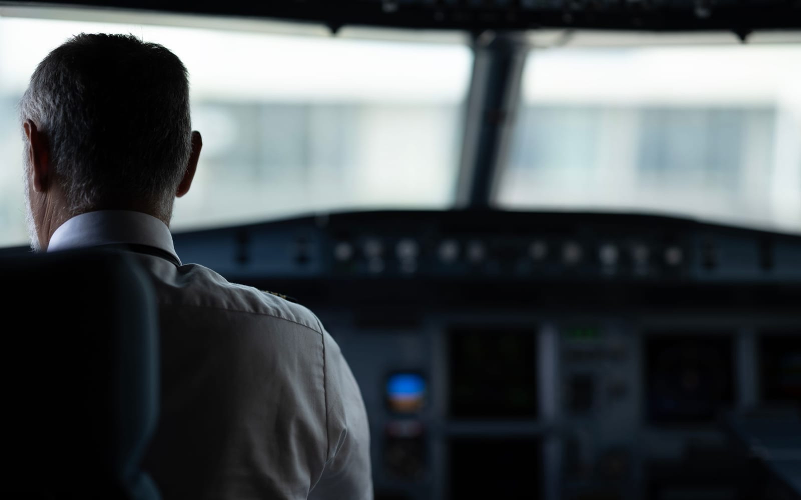 A pilot seen from behind at the controls of an aircraft, instruments lit ahead