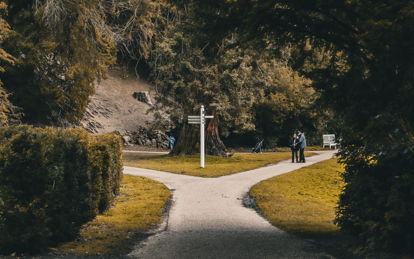 A fingerpost signpost where two footpaths diverge, walkers pausing at the junction