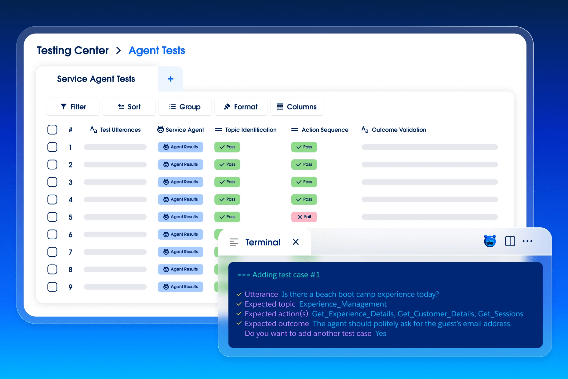 Agentforce Testing Center listing service agent tests with expected topic, action sequence and outcome checks, beside a terminal adding a new test case.