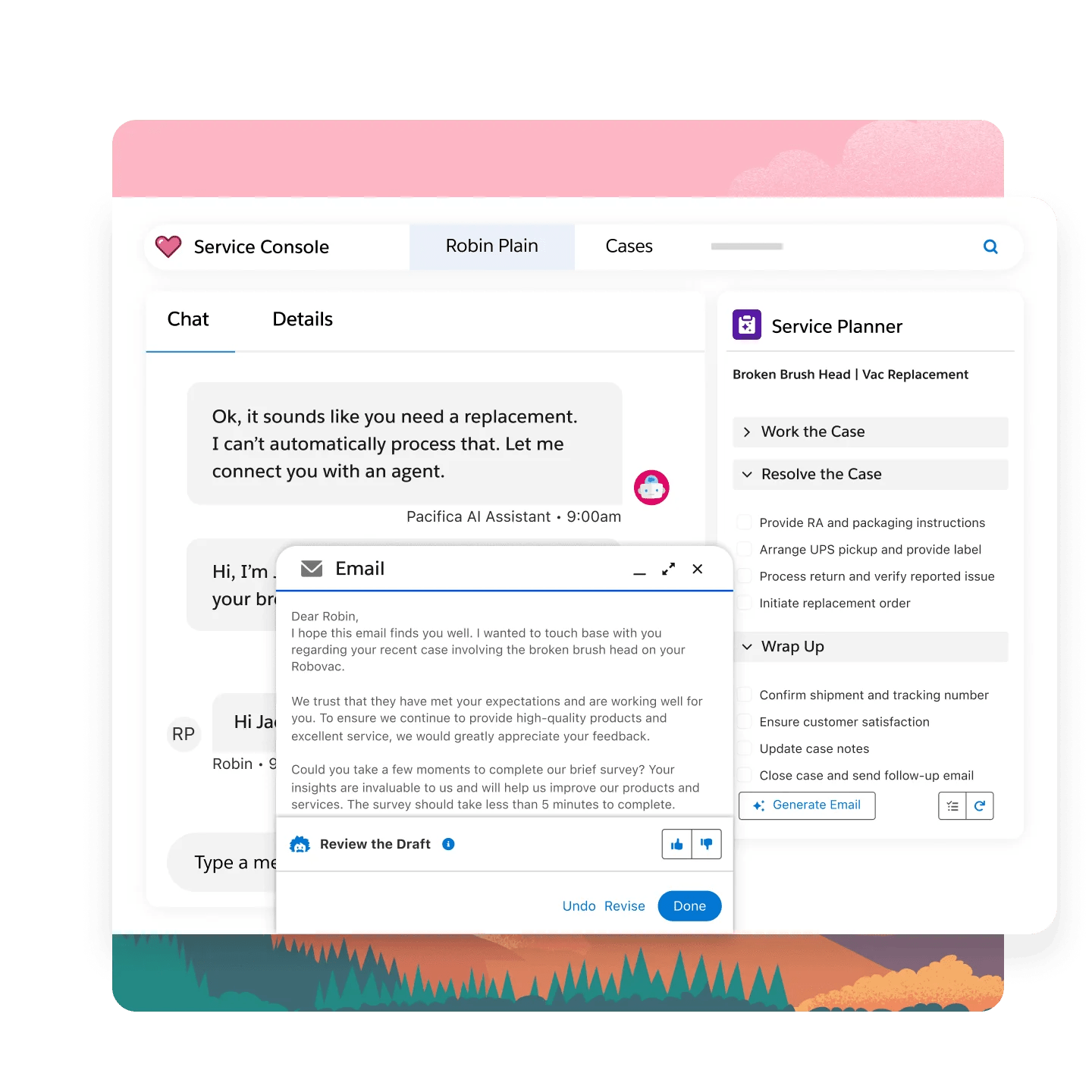 Salesforce Service Console with Service Planner and human Review the Draft step before an agent-generated client email is sent.