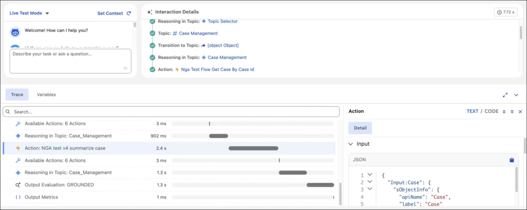 Agentforce agent configuration showing topics, instructions, and the actions an agent is permitted to take.