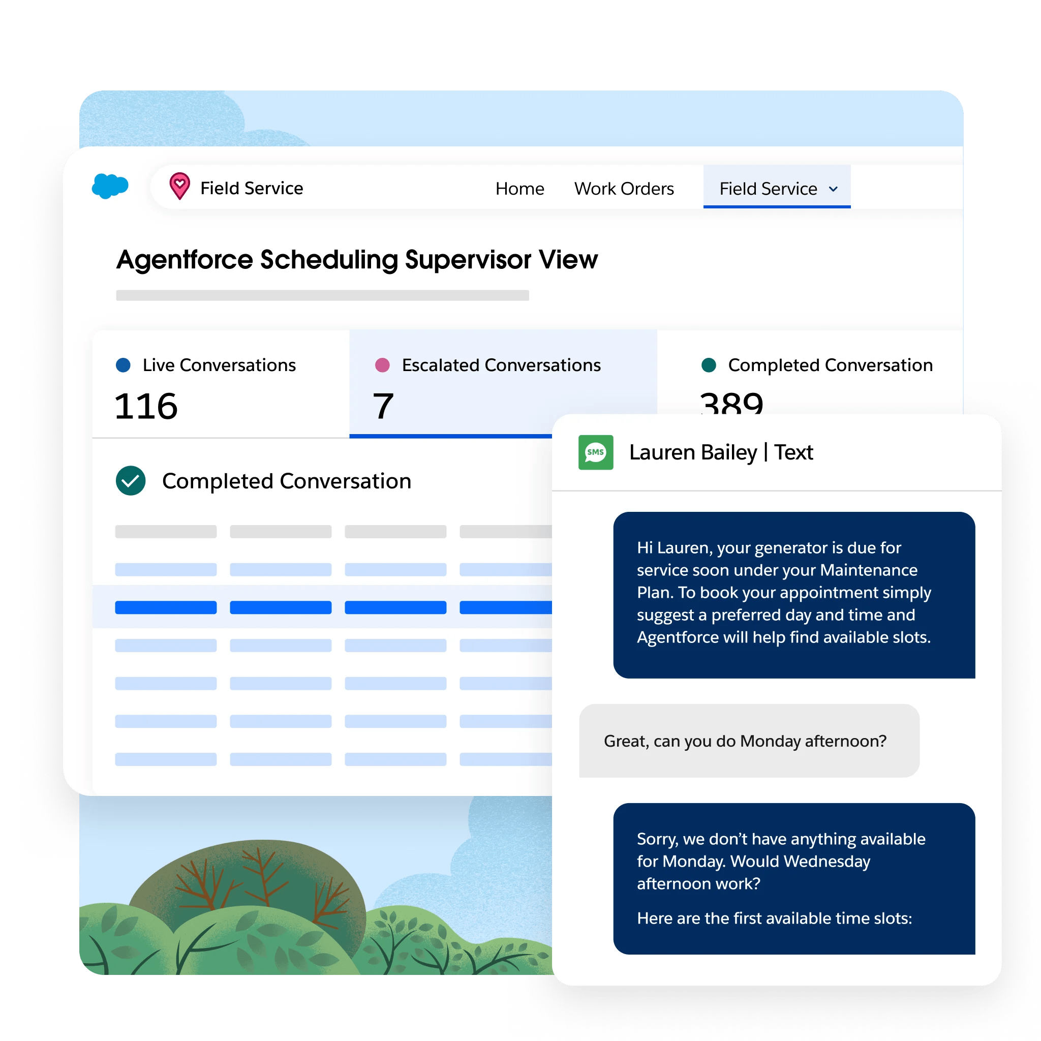 Salesforce Agentforce Scheduling Supervisor View with live conversation monitoring for field and care operations.