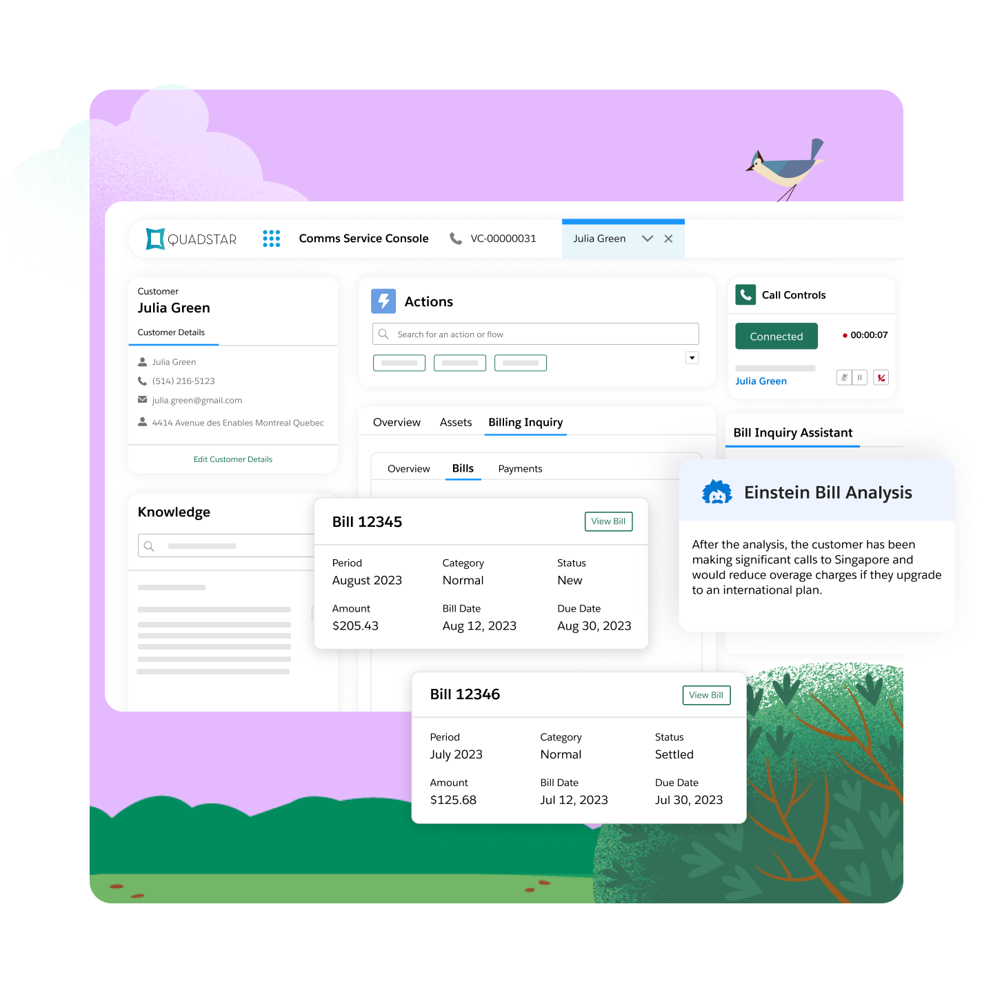 Salesforce Communications Cloud Comms Service Console with billing inquiry and Einstein bill analysis for CSP care.