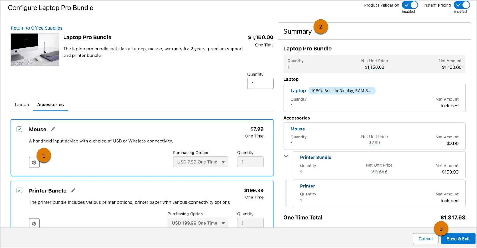A Salesforce Revenue Cloud product bundle configuration screen showing options and attributes.