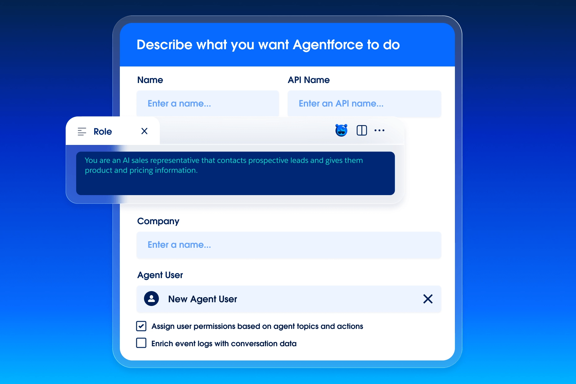 An Agentforce agent definition form with role and agent-user settings, beside an editor showing the agent role file.