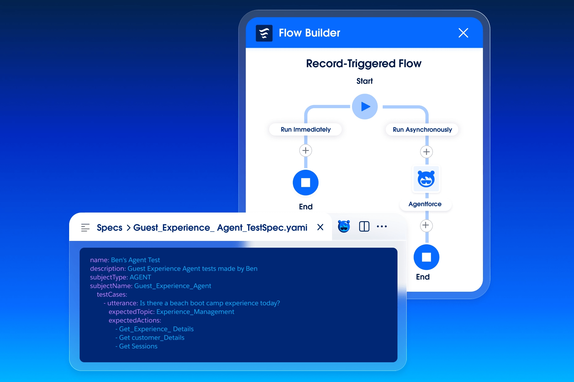A record-triggered flow on the Flow Builder canvas beside an editor showing a versioned YAML specification file.