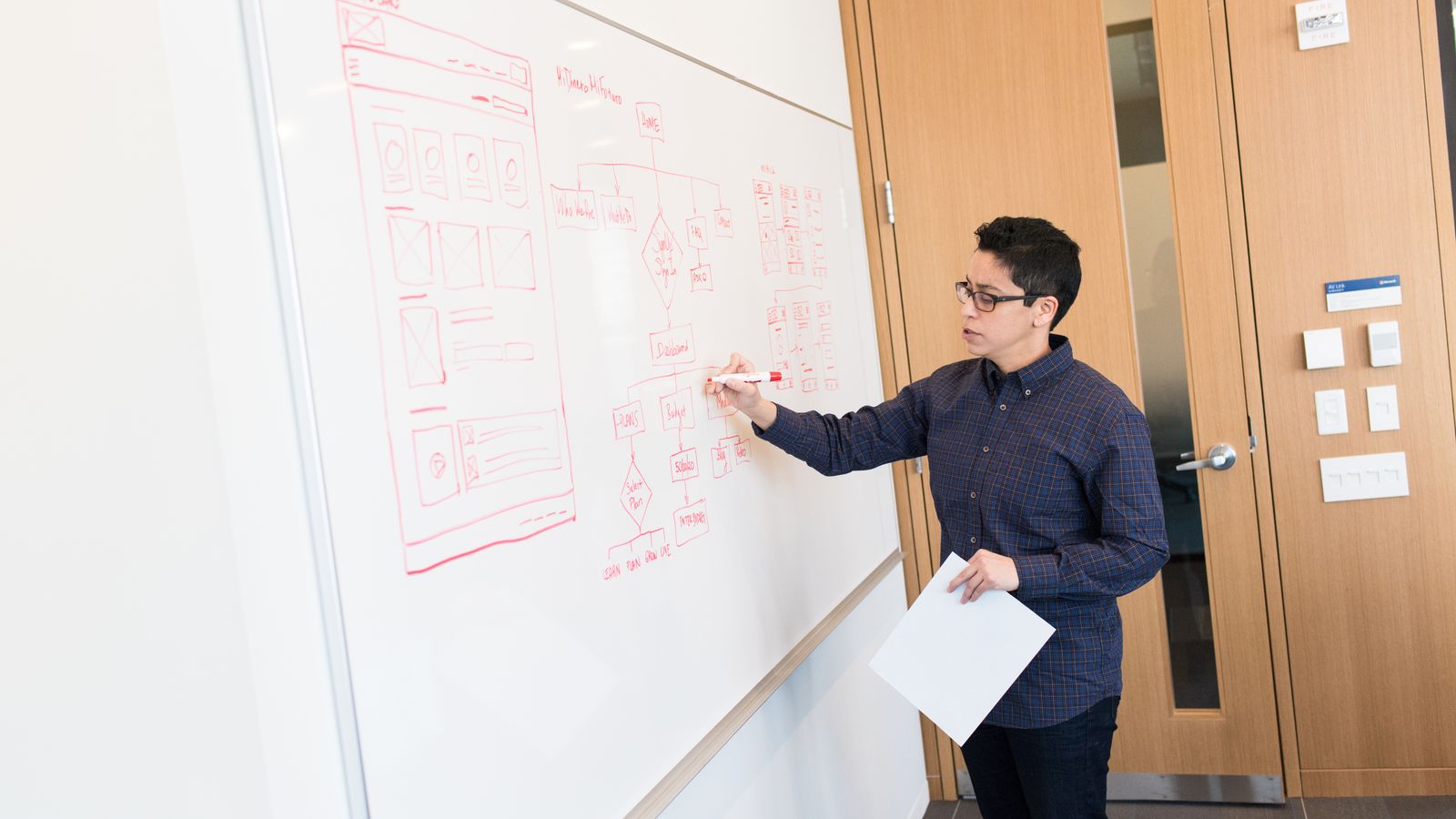 Architects working through a systems diagram together.