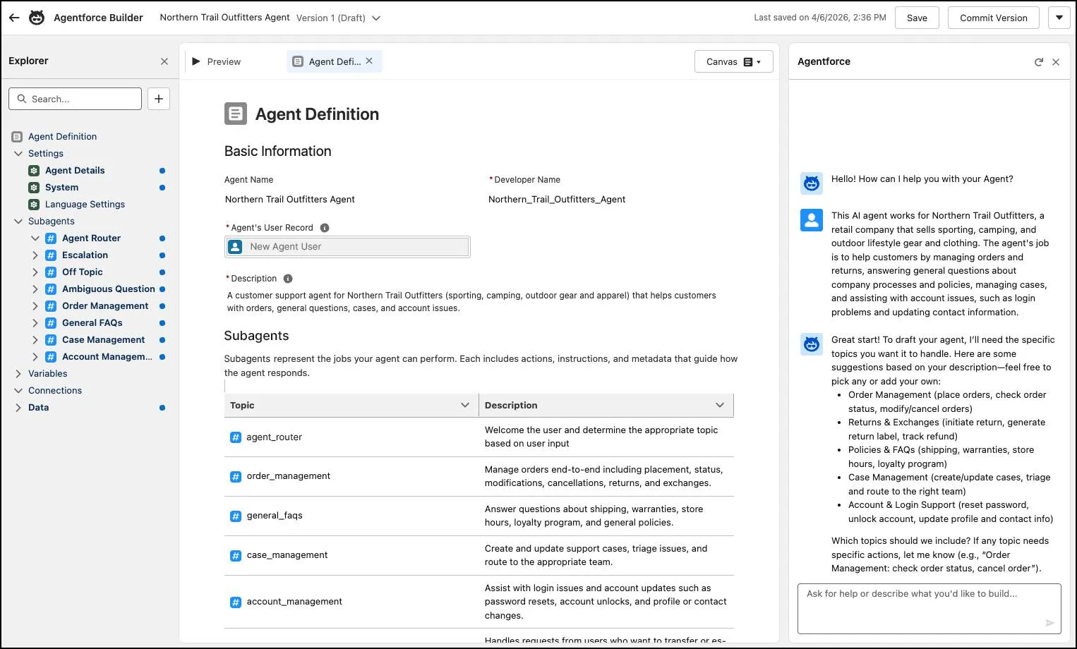 Agentforce agent configuration showing topics, instructions, and the actions an agent is permitted to take.