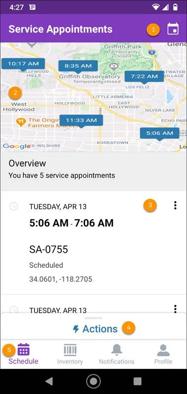 The Salesforce Field Service mobile app showing a technician's scheduled appointments for the day.