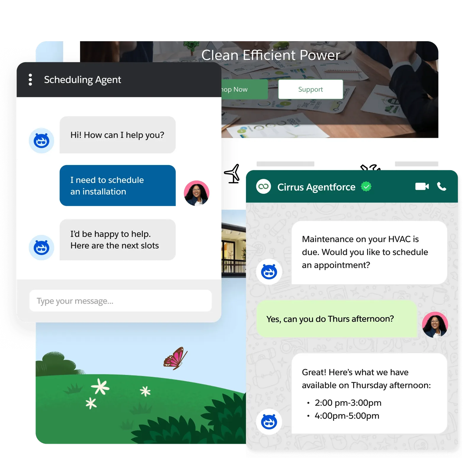 A Salesforce Field Service scheduling view showing appointments across a team and a day.