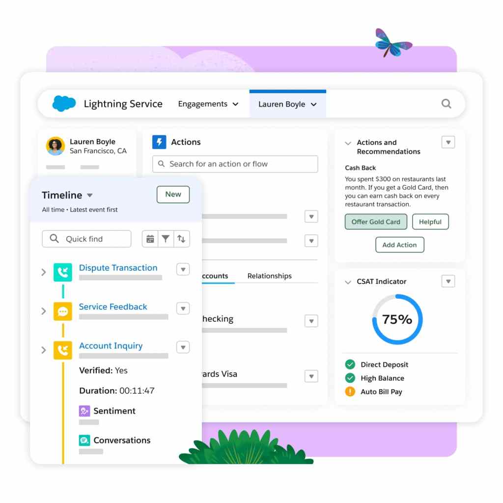 Salesforce Financial Services Cloud service workspace with client timeline, case context, and relationship tabs for day-2 care.