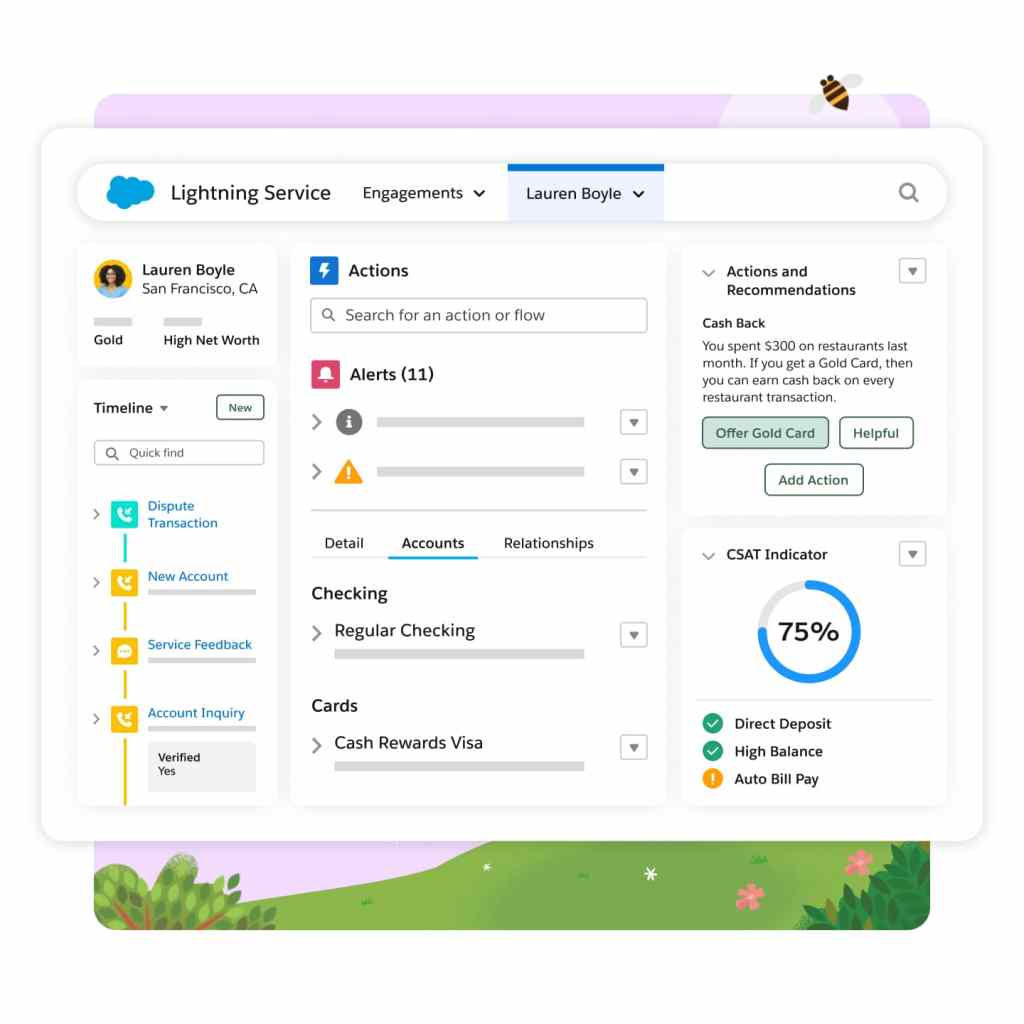 Salesforce Financial Services Cloud client relationship workspace with profile, timeline, accounts, and Next Best Action.
