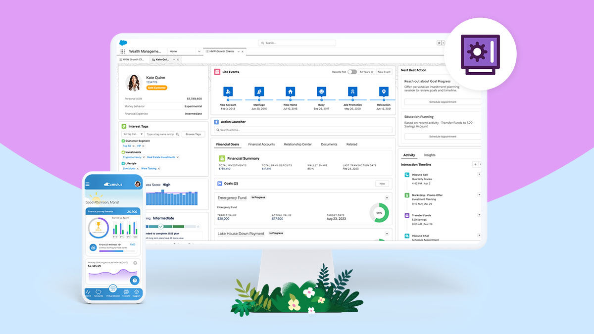Salesforce Wealth Management workspace: client household profile, life events timeline, financial goals, and Next Best Action recommendations.