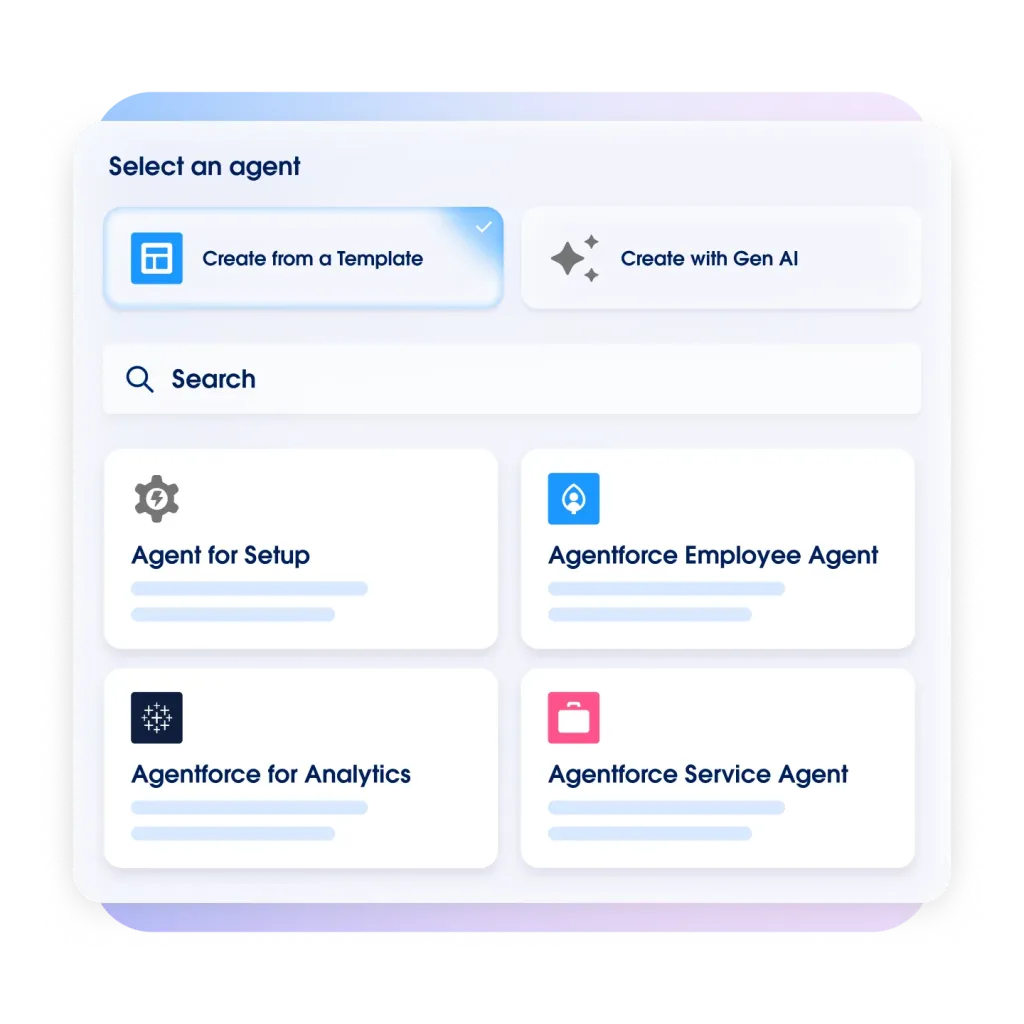 Salesforce Agentforce Builder: Select an agent screen with templates and Create with Gen AI option.