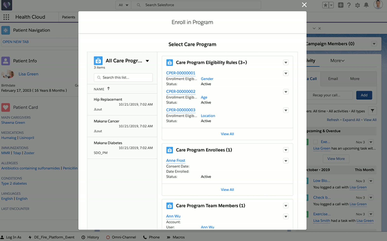 Salesforce Health Cloud: guided enroll-in-program flow over a patient 360 view.