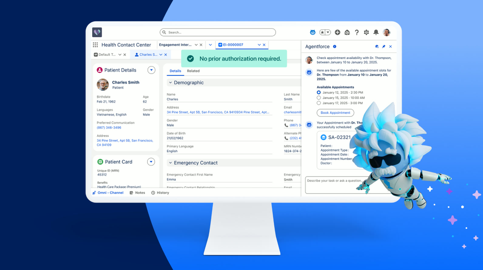 Salesforce Health Contact Center with Agentforce assisting appointment scheduling on a patient engagement record.