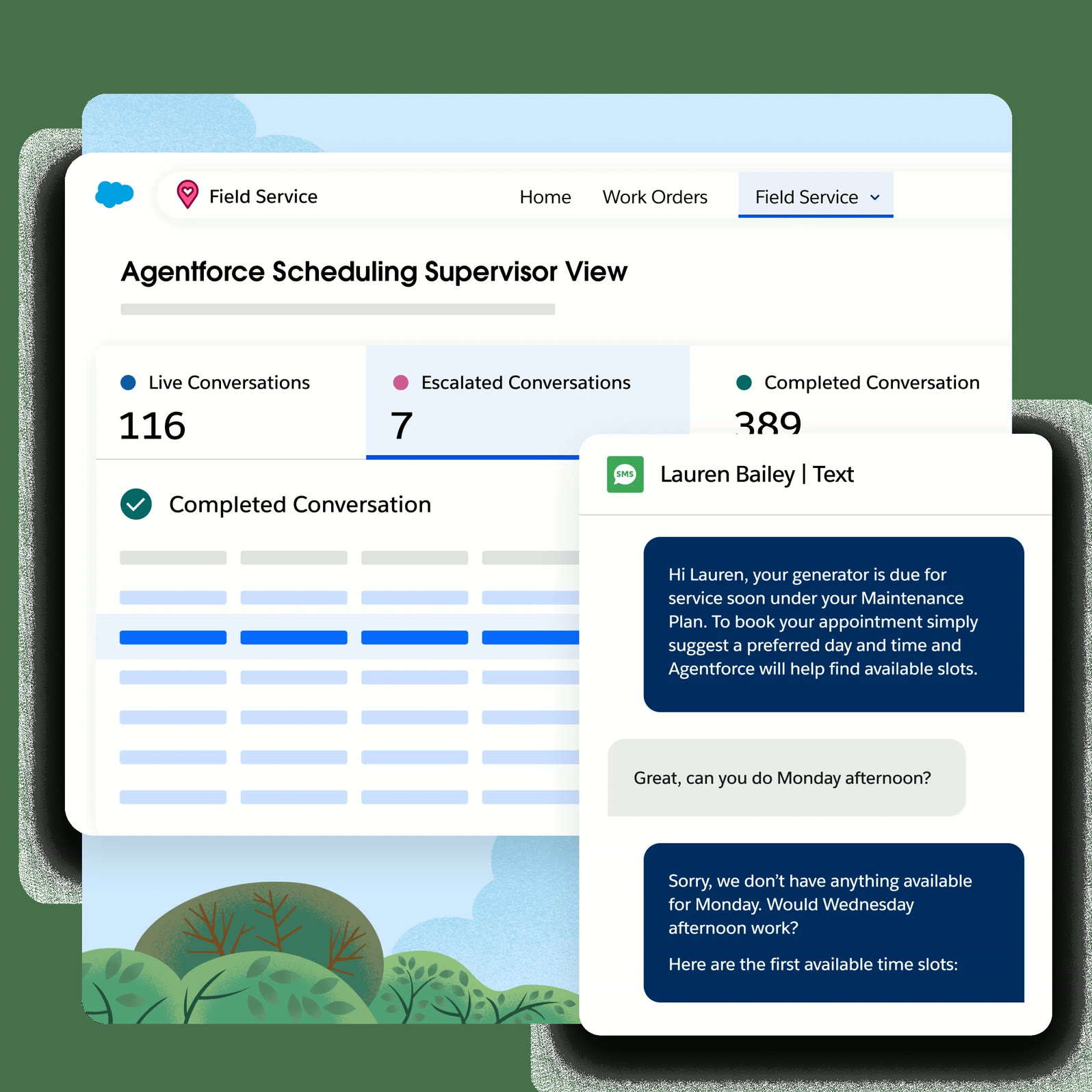 Salesforce Agentforce scheduling supervisor view with maintenance-plan SMS assist for service appointments.