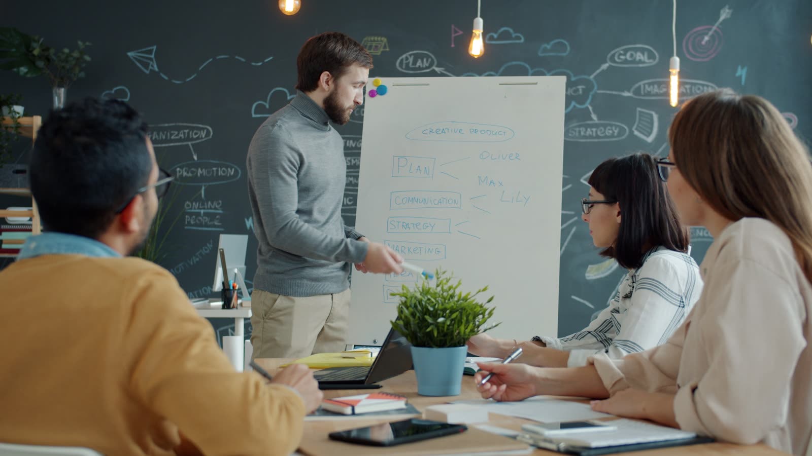 A marketing team working through plan, communication and strategy on a whiteboard.