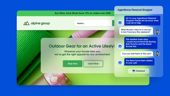 Salesforce Agentforce personal shopper recommending products and adding items to cart on a retail storefront.