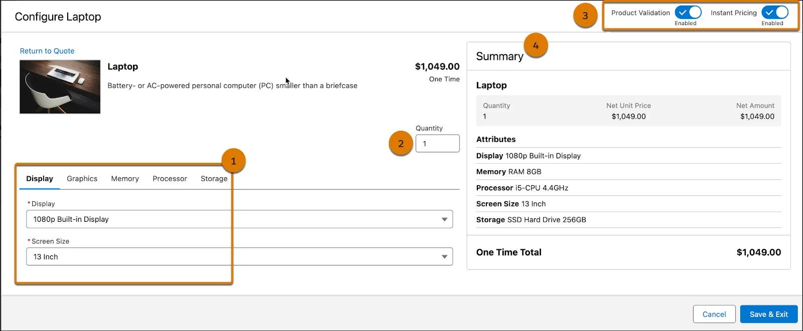 A Salesforce Revenue Cloud product configurator showing options being selected for a quote.