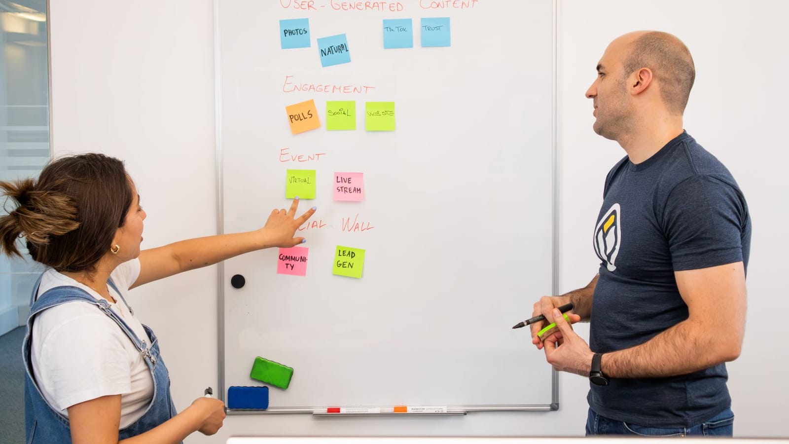 Colleagues working through a commercial model together at a whiteboard.