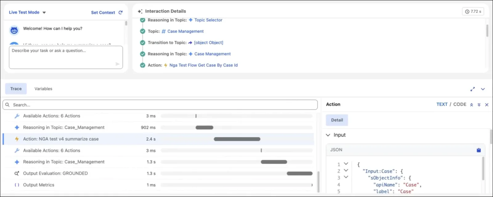 Agentforce agent configuration showing topics, instructions, and the actions an agent is permitted to take.