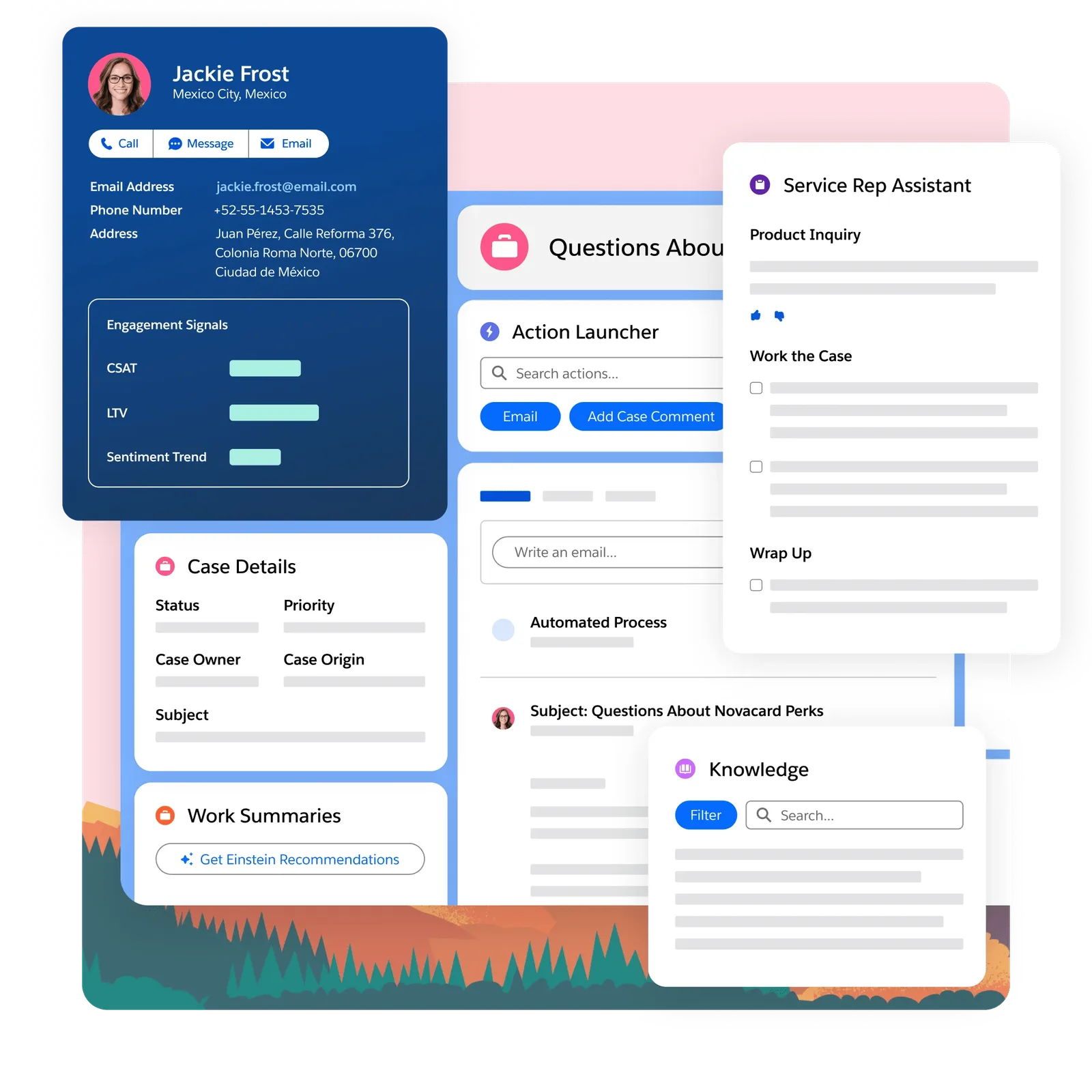 A Salesforce Service Cloud case view with case details, an action launcher, knowledge search and a service rep assistant panel.