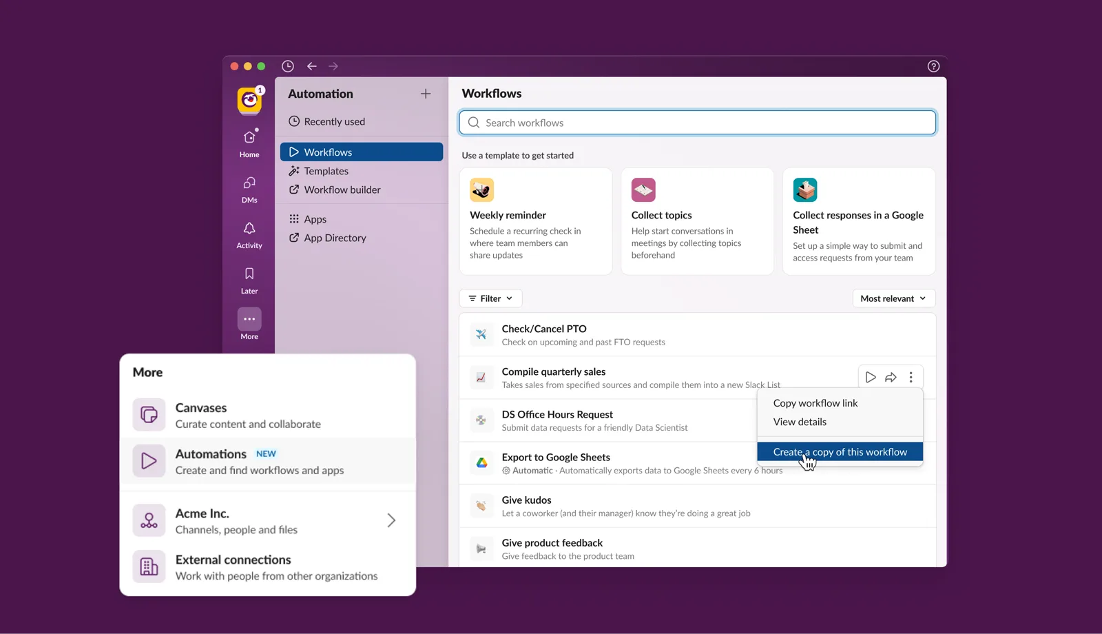 The Slack automation hub listing published workflows such as PTO checks, request intake and scheduled exports.