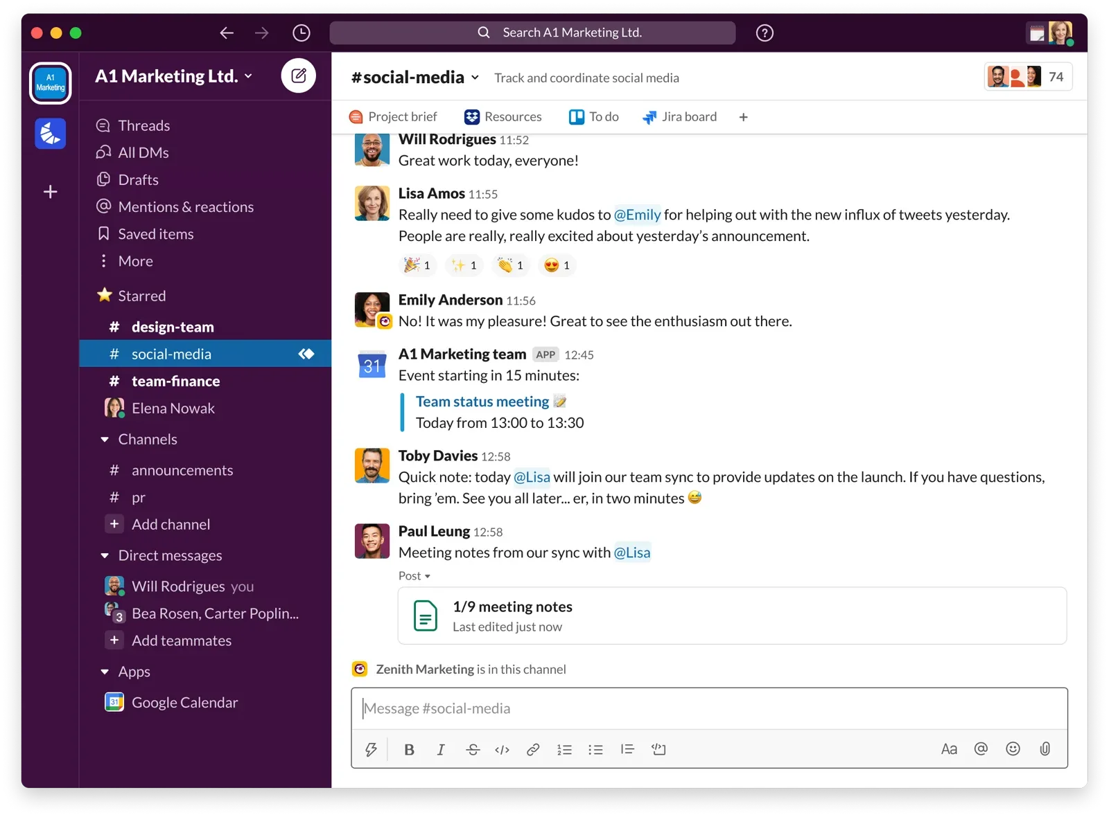 The Slack desktop client showing a channel with pinned tabs for a project brief, resources and a Jira board alongside the conversation.
