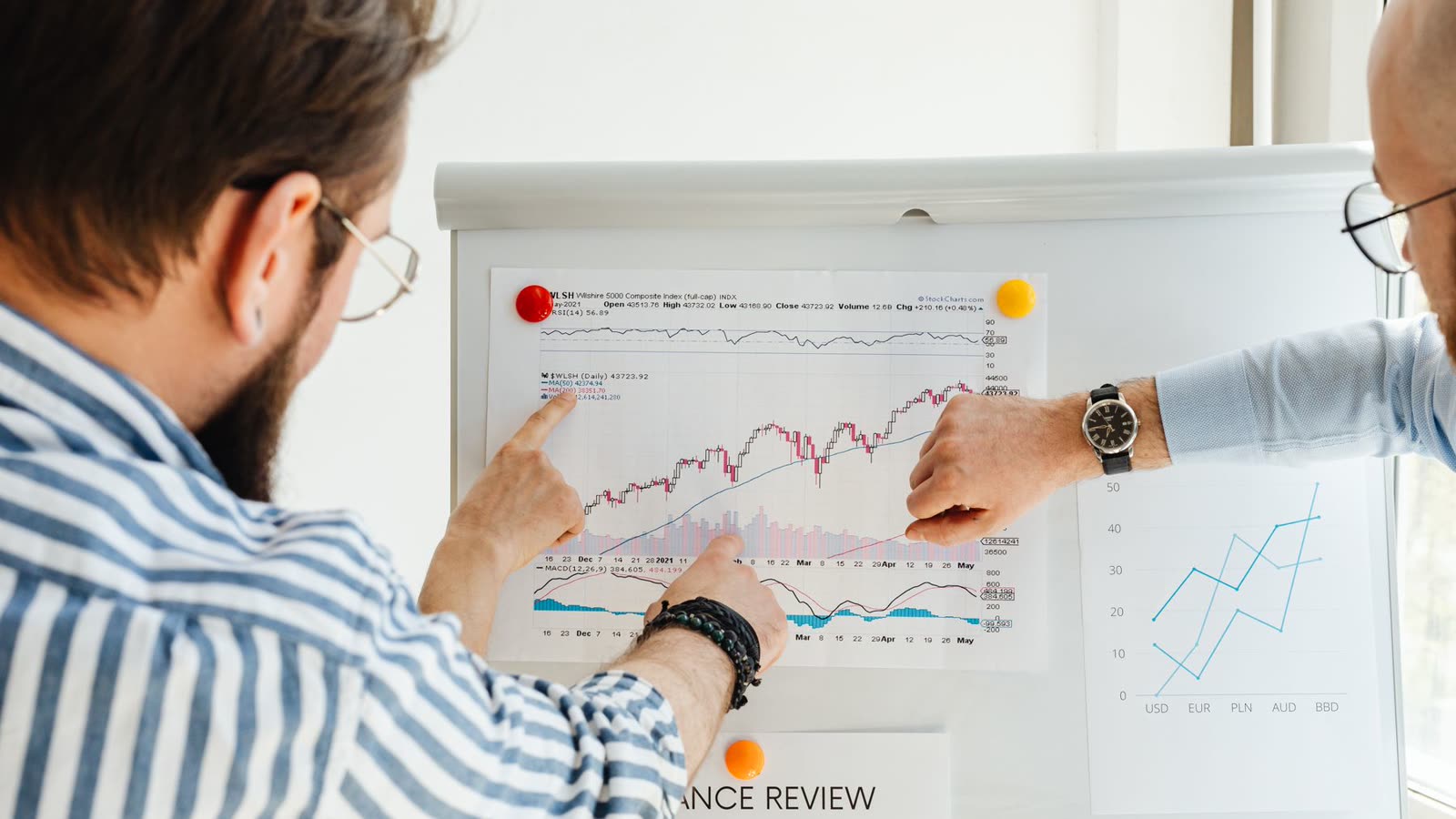 Two colleagues comparing trend lines on a printed performance review chart.