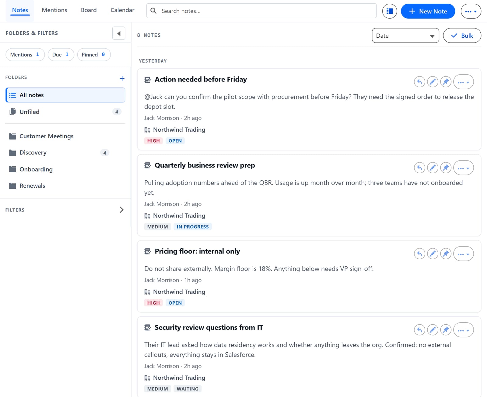 The WorkNotes Plus workspace on a Salesforce Account record, showing the Notes, Mentions, Board and Calendar tabs, a folders and filters pane, and note cards with author, parent account, priority and status badges.