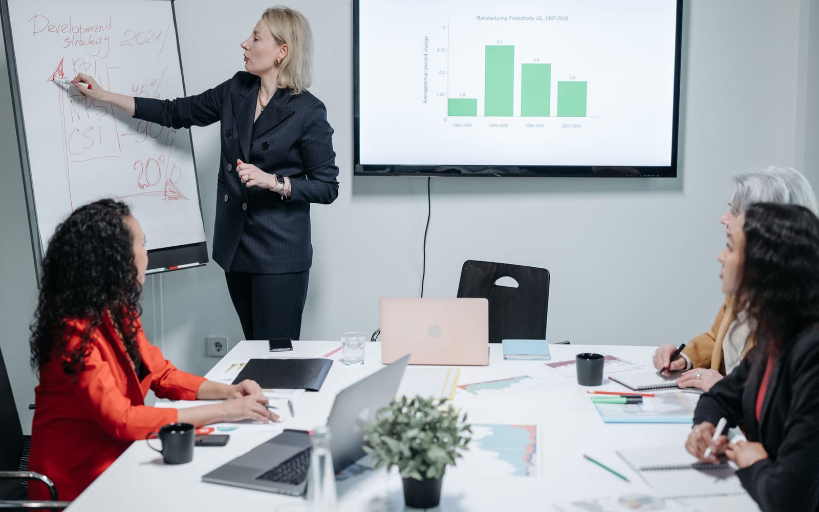 An enterprise meeting in a glass-walled conference room.