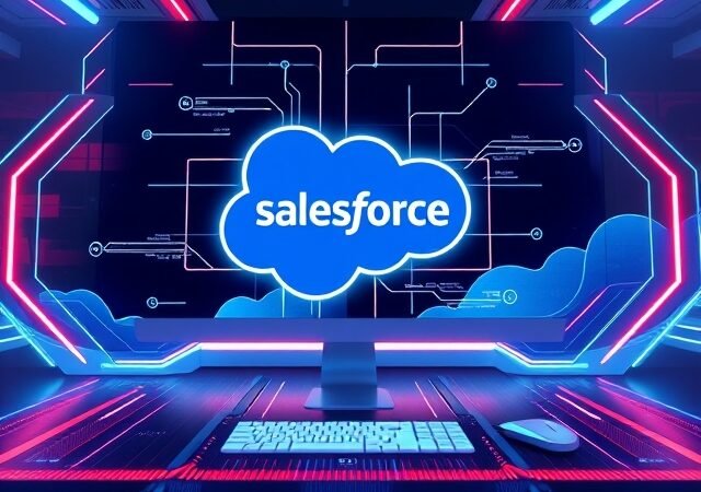 Abstract digital workspace showing seamless Salesforce integrations with interconnected workflows